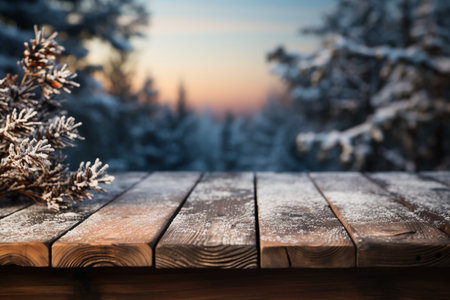 Wooden table in front of winter landscape. Collage. Selective focus.の素材