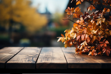 Wooden table in front of blurred autumn background. Ready for product display montageの素材