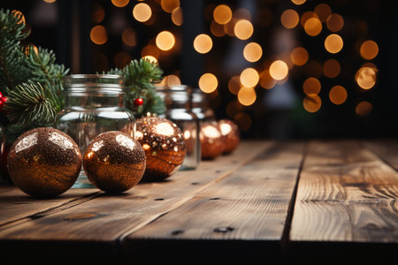 Christmas decorations on a wooden table in front of a bokeh backgroundの素材