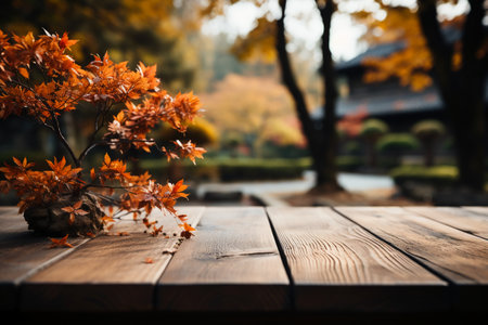 Wooden table with autumn leaves in Japanese garden. Selective focus.の素材