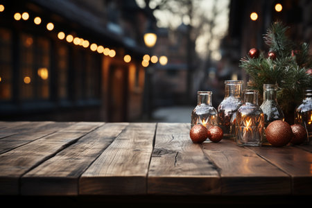 Christmas decorations on wooden table in front of blurred Christmas lights background.の素材