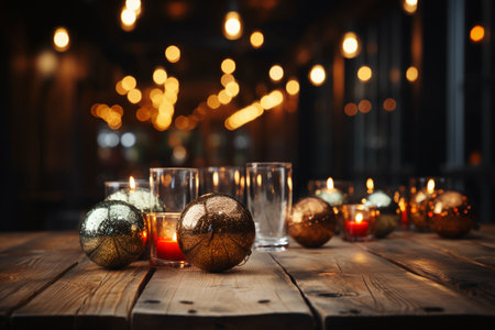 Christmas decoration with candles on wooden table in dark room. Copy space.の素材