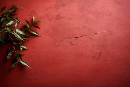 Green leaves on red wall background. Copy space for your text.の素材