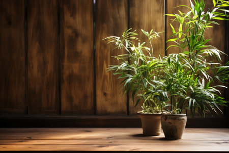 Potted house plants on a wooden table in front of a wooden wallの素材