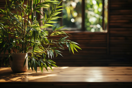 Empty wooden table in cafe or restaurant interior with green plant in pot.の素材