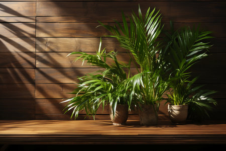 Beautiful tropical palm leaves in pots on wooden table against wooden wallの素材