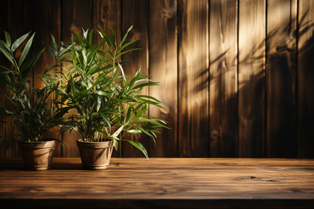 Wooden table in front of wooden wall with houseplants.の素材