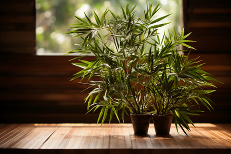 Houseplant in a pot on a wooden table near the window.の素材