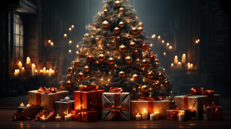 Christmas tree with presents and candles in the dark room. 3d renderingの素材
