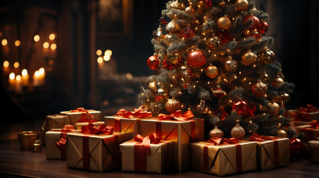 Christmas tree with gifts in the interior of the room with a fireplaceの素材