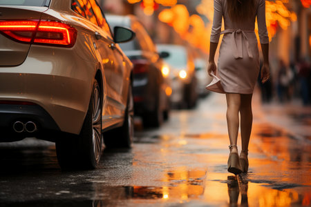 Young woman walking in the rain on a rainy day, rear viewの素材