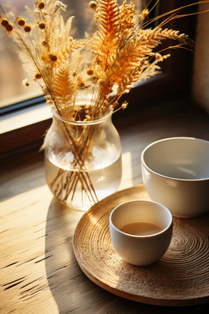 Cup of tea and vase with dried flowers on wooden table near windowの素材
