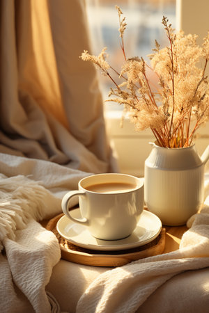 Cup of hot drink on tray near window. Cozy morningの素材