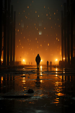 Silhouette of a man walking in the rain at night.の素材