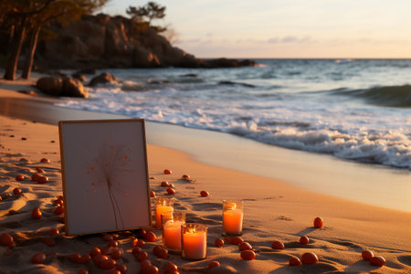 Romantic still life with candles on the sandy beach at sunset.の素材