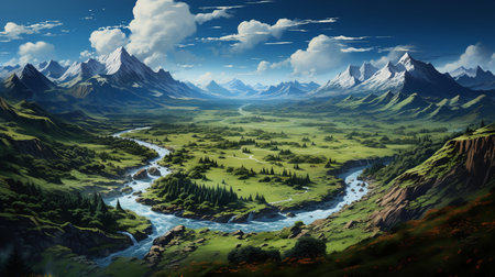 Fantasy Landscape with mountains and river. 3D Renderingの素材