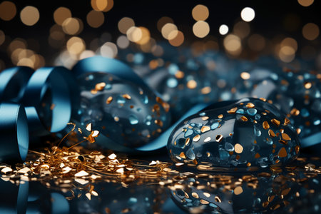 Christmas background with blue glass balls and bokeh lights. 3d renderingの素材