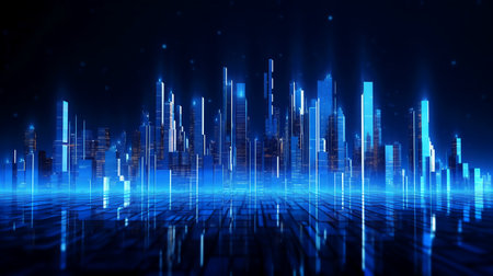 Abstract background with city and neon lights. 3D Rendering.の素材
