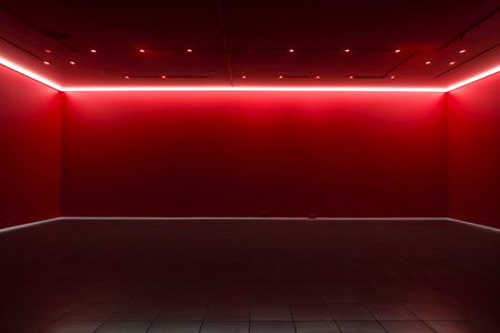Empty red interior with neon lights. 3D rendering. Square image.の素材