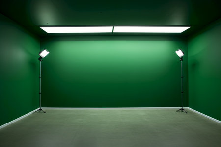 Interior of an empty room with a green wall and floor lampの素材