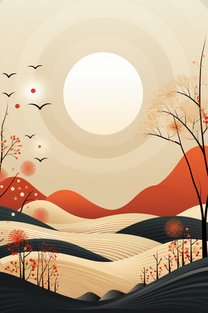 Autumn landscape with trees, mountains and sun. Vector illustration.の素材