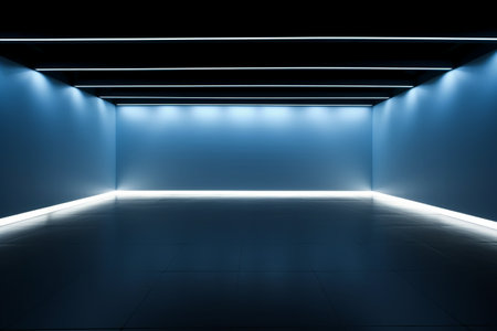 Blue empty room with floor and wall light. 3d rendering.の素材