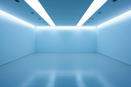 Empty room with blue wall and ceiling lights. 3d rendering.の素材