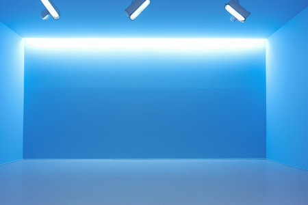 Blue wall with spotlights, 3d render. Empty room.の素材