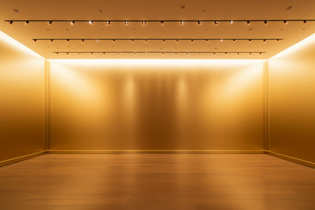 Interior of modern empty room with yellow wall and wooden floor.の素材