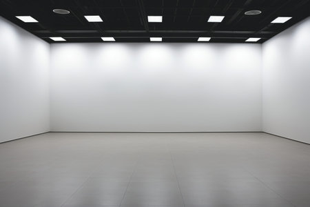 Empty gallery interior with white walls and tiled floor. 3d renderingの素材