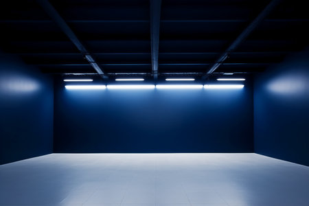 Interior of empty room with blue wall and white floor, perspective viewの素材