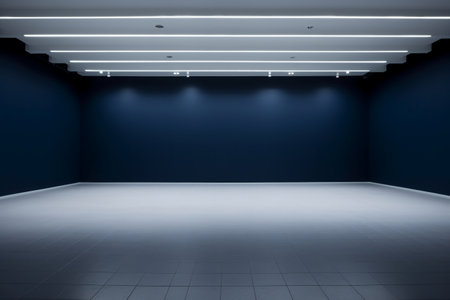 Empty interior with blue wall and ceiling lamps. 3d rendering.の素材