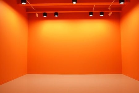Interior of a room with orange wall and spotlights, stock photoの素材