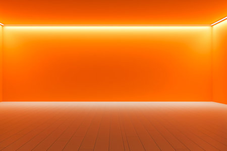 Abstract interior background. Empty room with orange wall and floor. 3d renderの素材