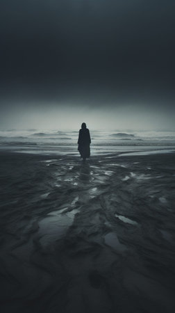 Silhouette of a man walking on the beach in the fogの素材