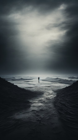 Conceptual image of lonely man walking on the beach in stormy weatherの素材