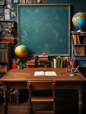 Wooden school desk with books, globe and chalkboard. 3d renderの素材