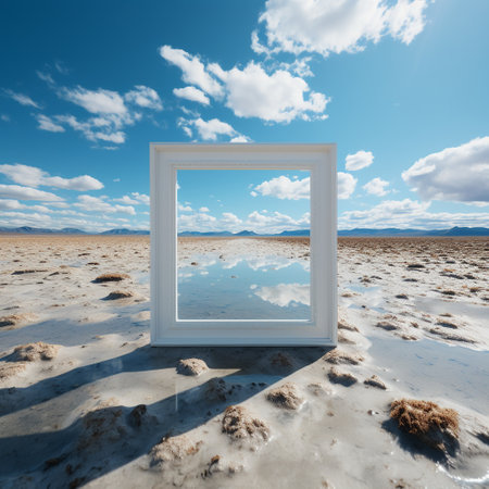 White frame on the sand with blue sky background. 3d renderingの素材
