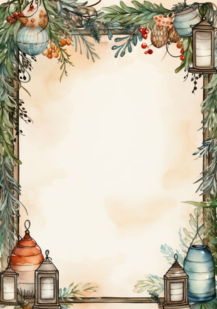Watercolor Christmas frame with fir branches, lanterns and berries. Hand drawn illustrationの素材