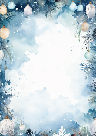 Christmas background with snowflakes and fir branches. Watercolor illustration.の素材