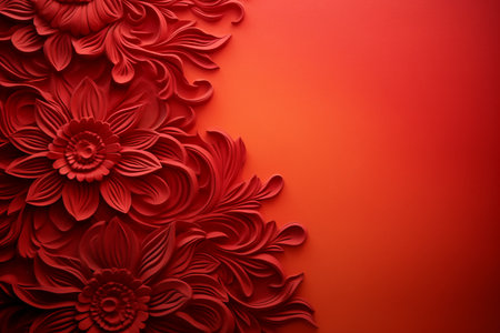 Red paper flowers on red background with copy space. Valentine's day conceptの素材