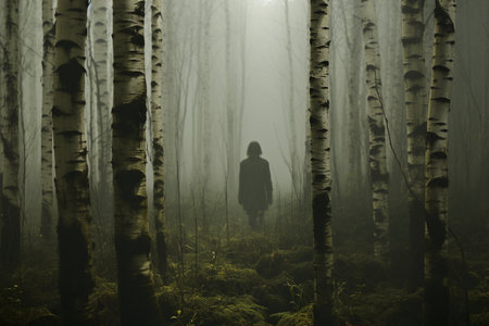 Silhouette of a woman in a dark foggy forest.の素材