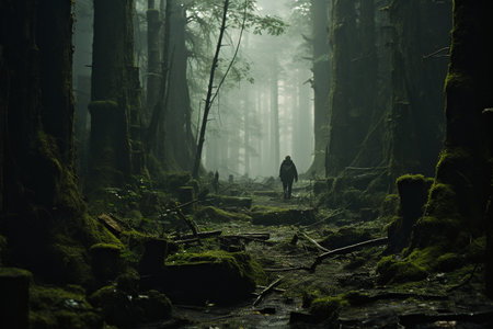 Silhouette of a man walking through a mysterious forest with fogの素材