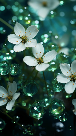 Beautiful white flowers on a dark blue background with water drops.の素材
