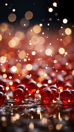 Christmas background with red baubles and bokeh lights.の素材
