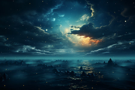 Fantasy alien planet. Mountain and sea. 3D illustration.の素材