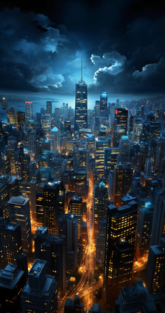 New York City at night with skyscrapers and high-rise buildingsの素材