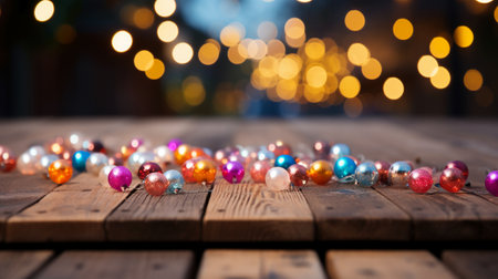 Christmas decorations on a wooden table with bokeh lights in the backgroundの素材
