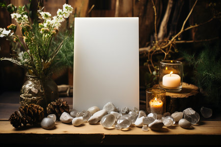 Blank white paper card mockup on wooden table with natural decoration.の素材