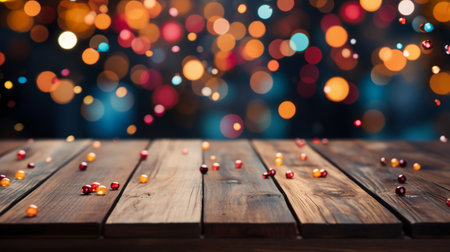 Wooden table with christmas lights and bokeh background.の素材
